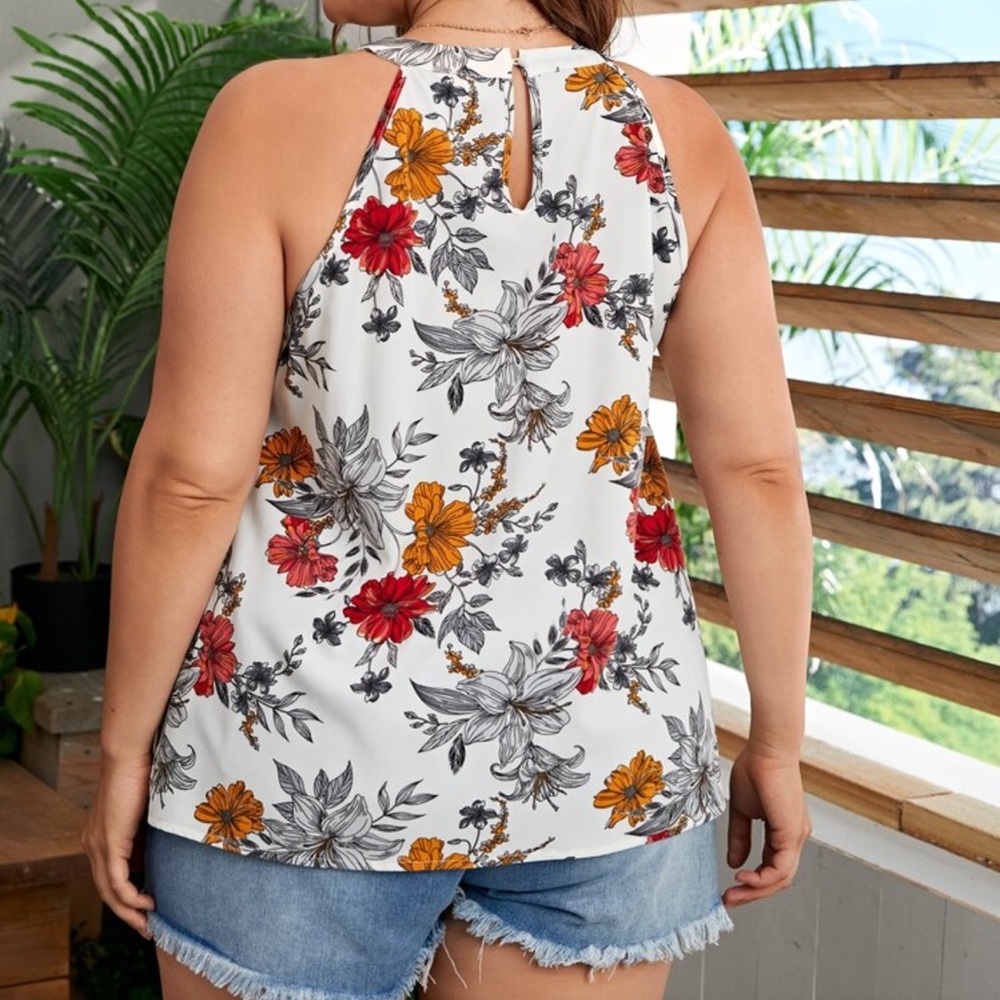 SHEIN Floral Tank Top - White, Red, Orange